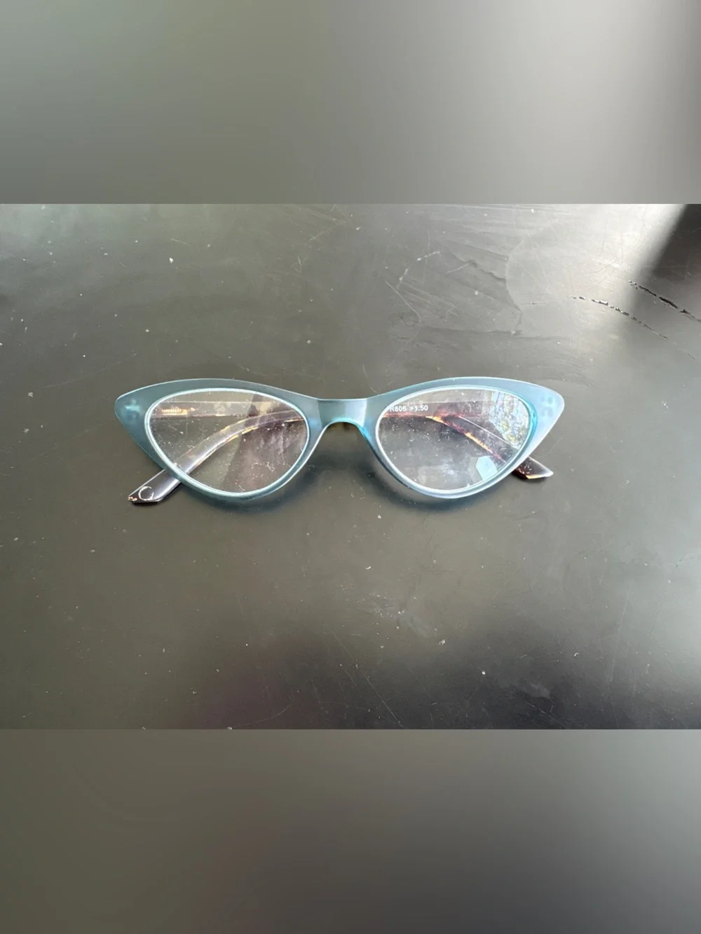 Retro Cat Eye Readers +1.50 Blue Frosted Frame Tortoise Arms Spring Hinges